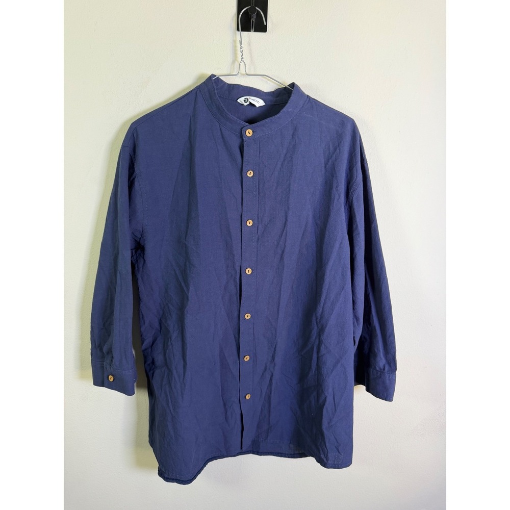 Runcati Mens Button Up Shirt Band Collar Linen Blend Navy Size L